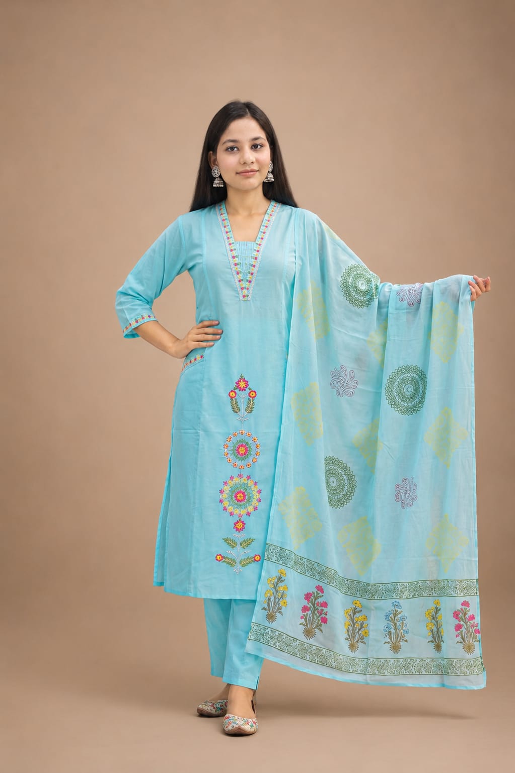 Ruaati Women’s Sky Blue Mul Cotton Embroidered Cotton Kurta Pant Set with Floral Dupatta