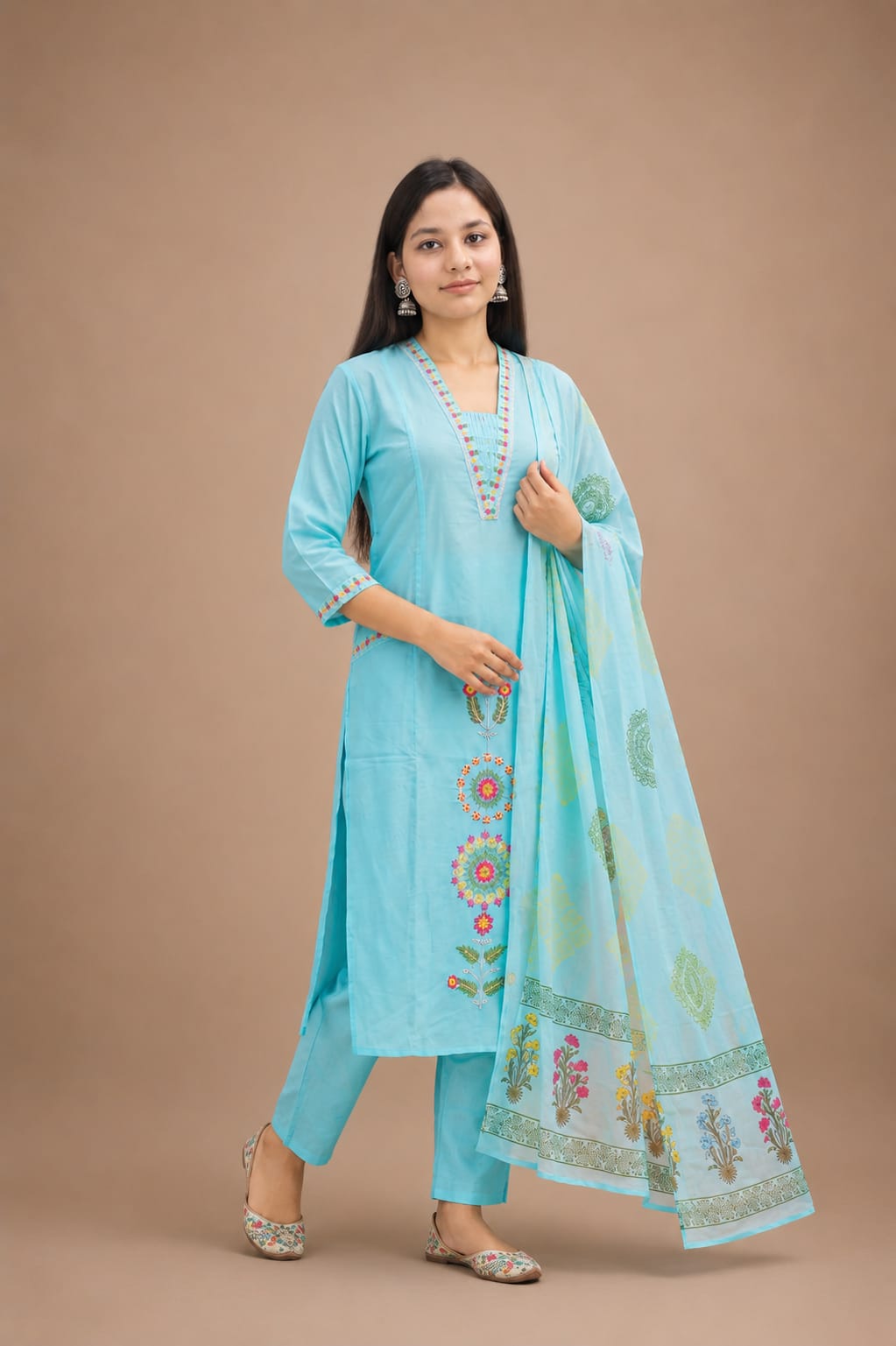 Ruaati Women’s Sky Blue Mul Cotton Embroidered Cotton Kurta Pant Set with Floral Dupatta