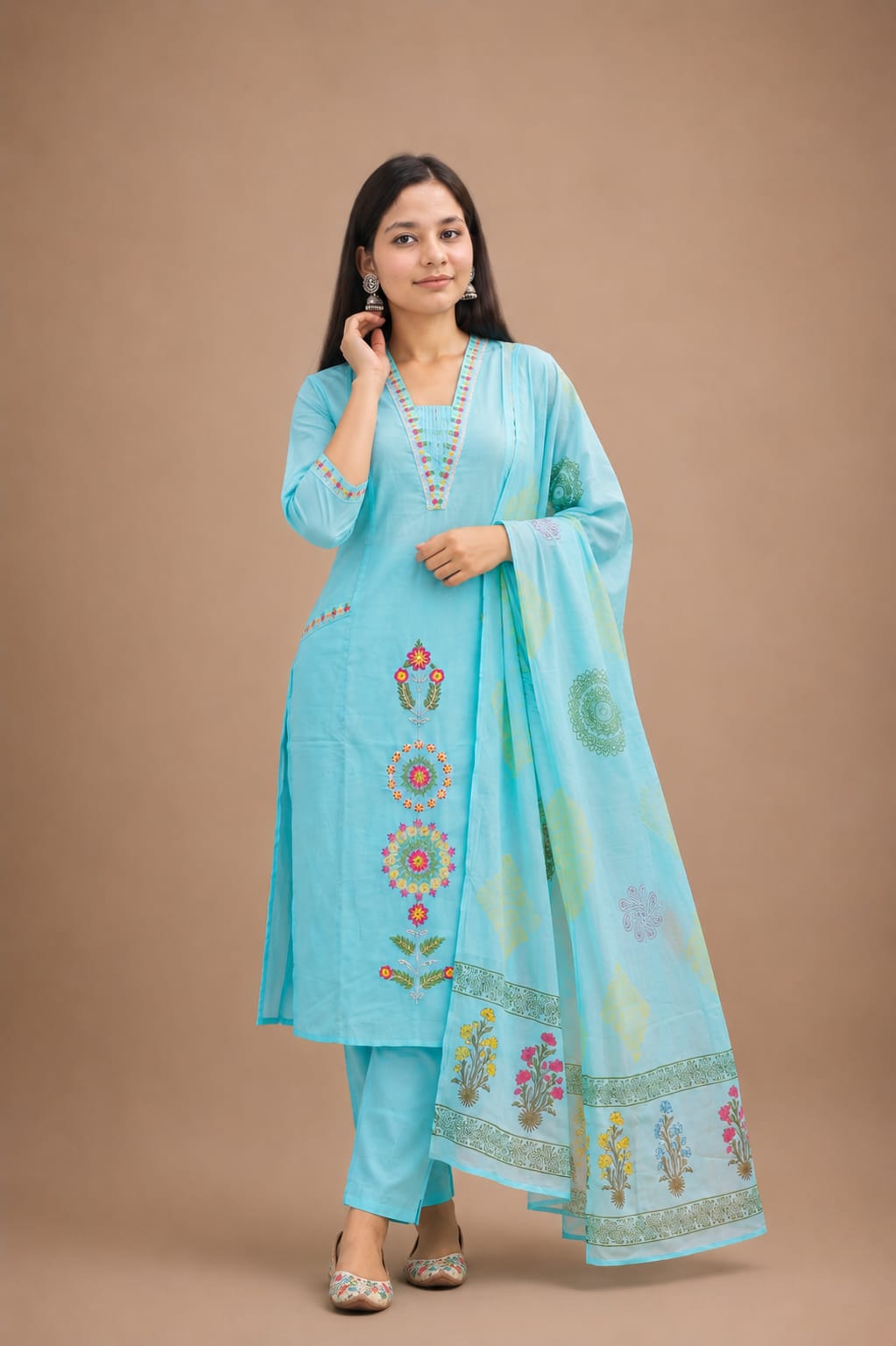 Ruaati Women’s Sky Blue Mul Cotton Embroidered Cotton Kurta Pant Set with Floral Dupatta