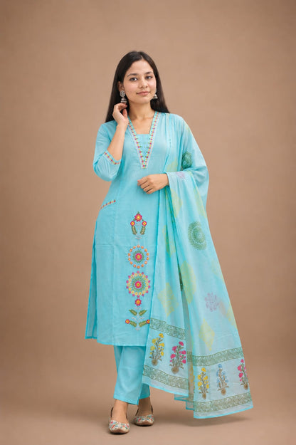 Ruaati Women’s Sky Blue Mul Cotton Embroidered Cotton Kurta Pant Set with Floral Dupatta
