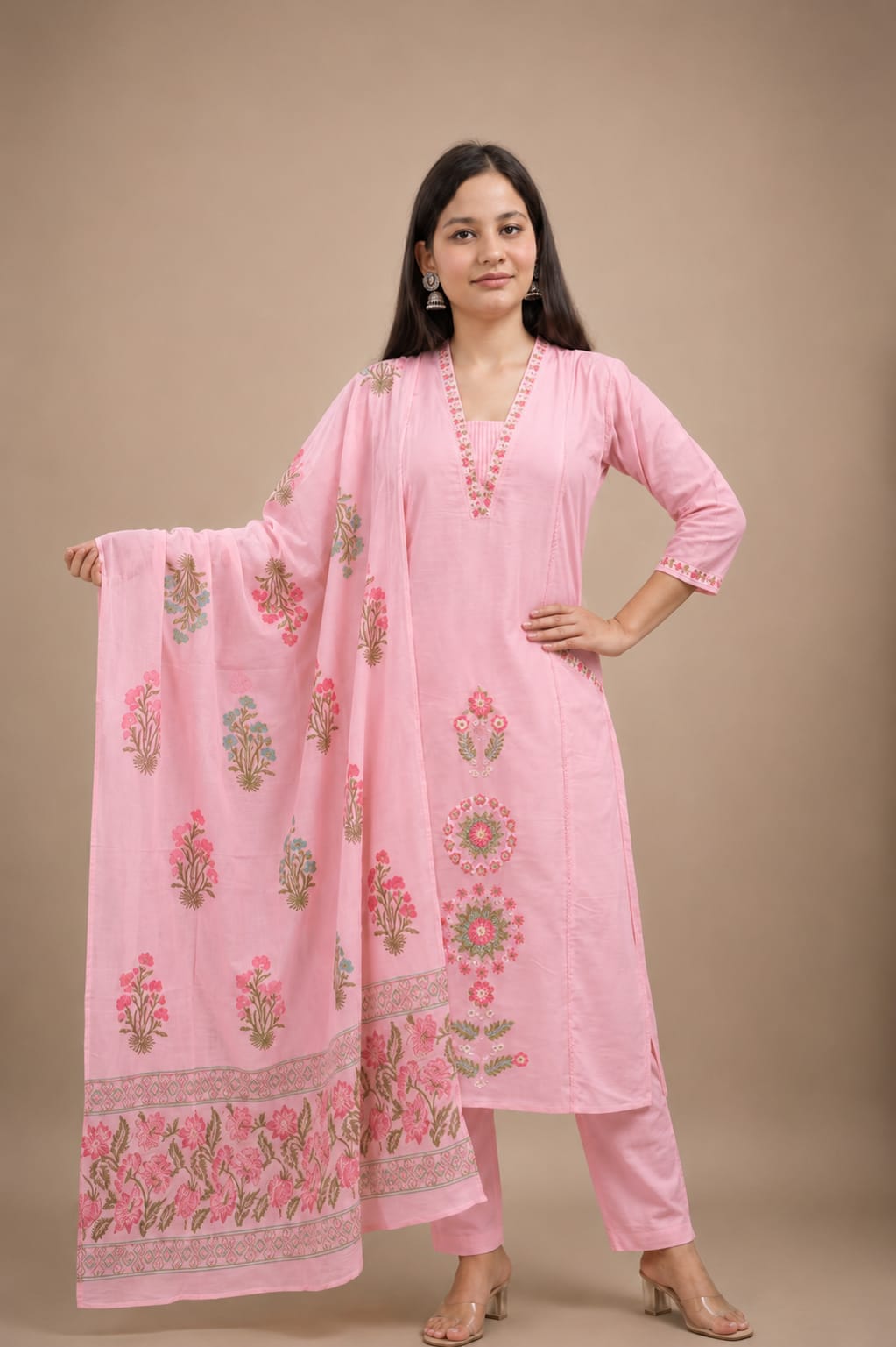 Ruaati Women’s Pink Mul Cotton Embroidered Cotton Kurta Pant Set with Floral Dupatta