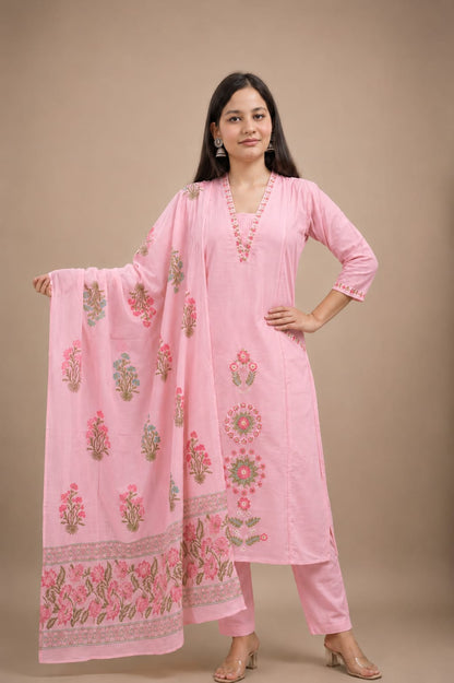 Ruaati Women’s Pink Mul Cotton Embroidered Cotton Kurta Pant Set with Floral Dupatta