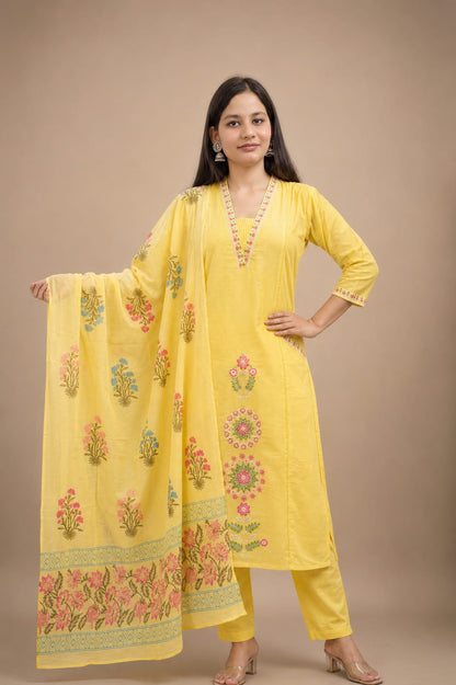 Ruaati Women’s Sunshine Yellow Mul Cotton Embroidered Cotton Kurta Pant Set with Floral Dupatta