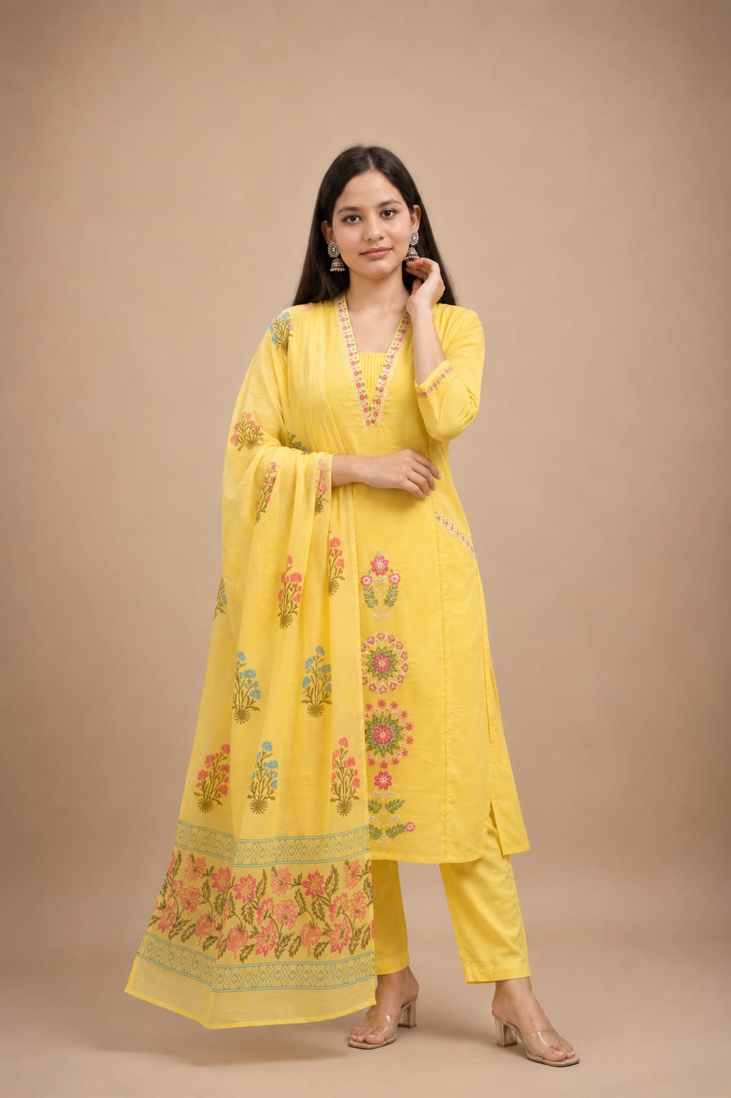 Ruaati Women’s Sunshine Yellow Mul Cotton Embroidered Cotton Kurta Pant Set with Floral Dupatta