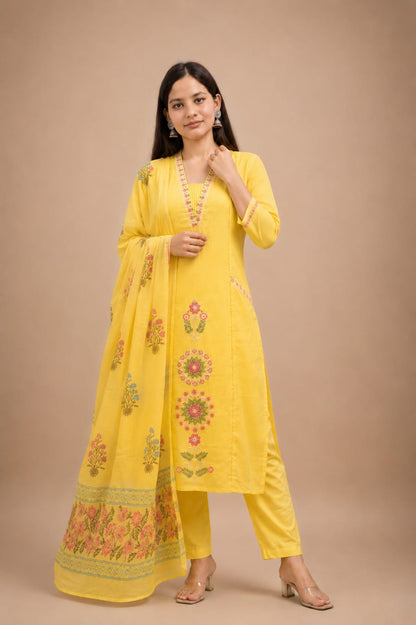 Ruaati Women’s Sunshine Yellow Mul Cotton Embroidered Cotton Kurta Pant Set with Floral Dupatta