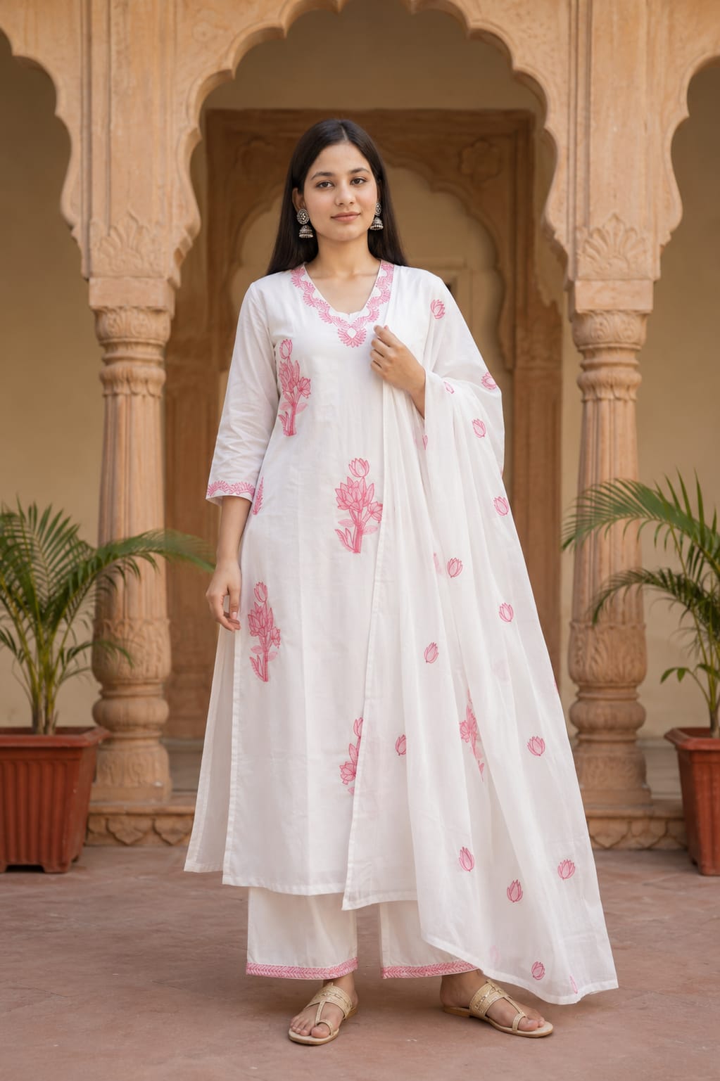 Ruaati Women Premium Mul Cotton White & Pink Floral Embroidered Kurta Palazzo Set with Dupatta