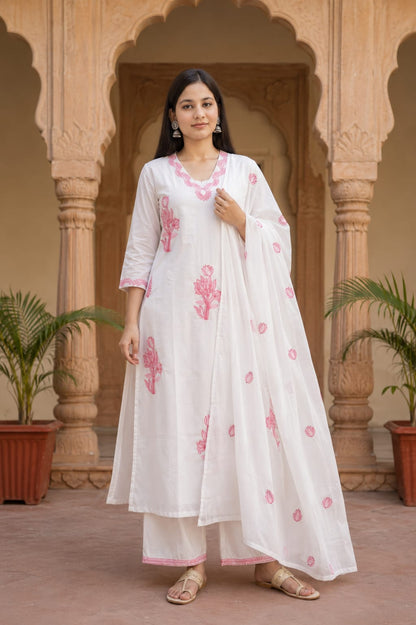 Ruaati Women Premium Mul Cotton White & Pink Floral Embroidered Kurta Palazzo Set with Dupatta