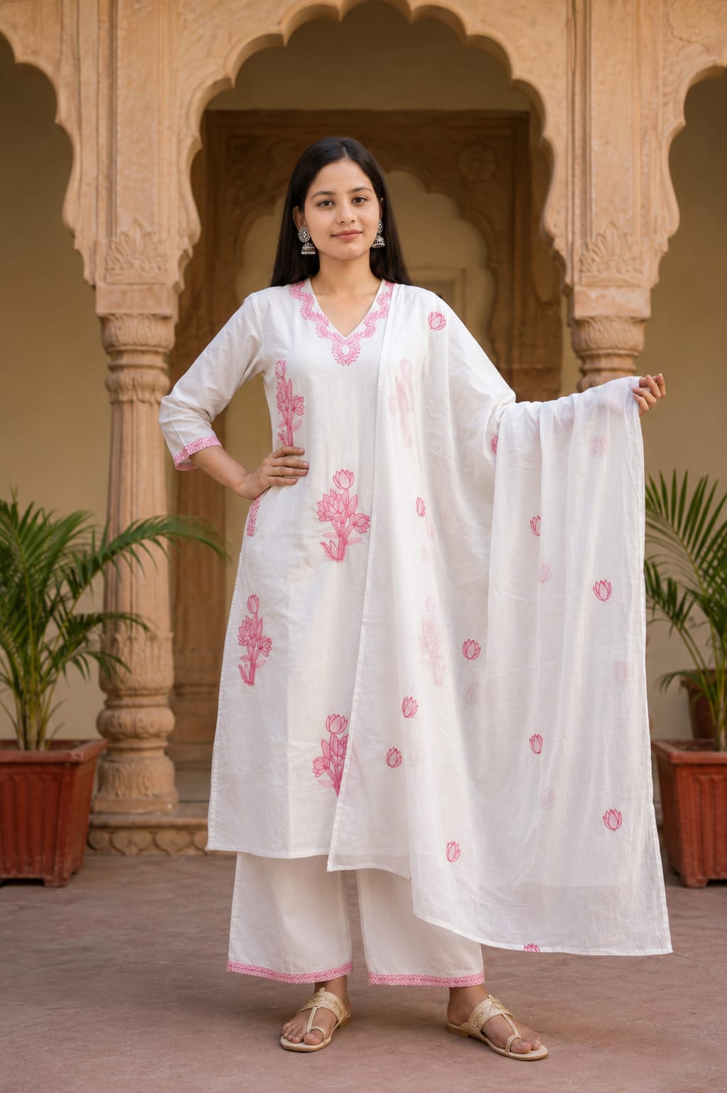 Ruaati Women Premium Mul Cotton White & Pink Floral Embroidered Kurta Palazzo Set with Dupatta