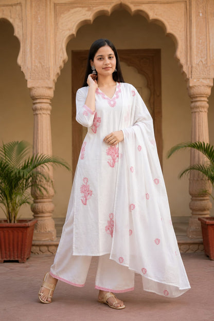 Ruaati Women Premium Mul Cotton White & Pink Floral Embroidered Kurta Palazzo Set with Dupatta
