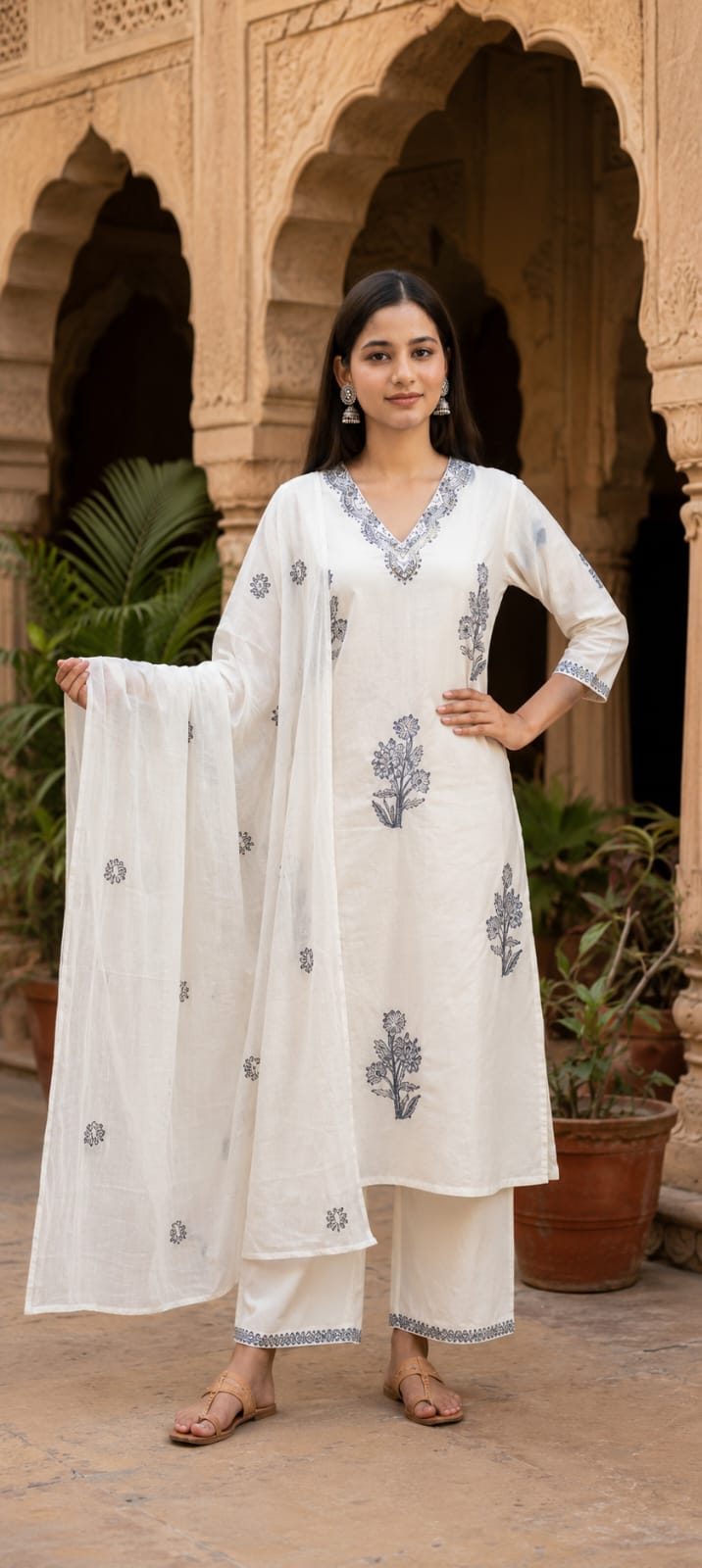 Ruaati Women Premium Mul Cotton Off White & Grey Floral Embroidered Kurta Palazzo Set with Dupatta