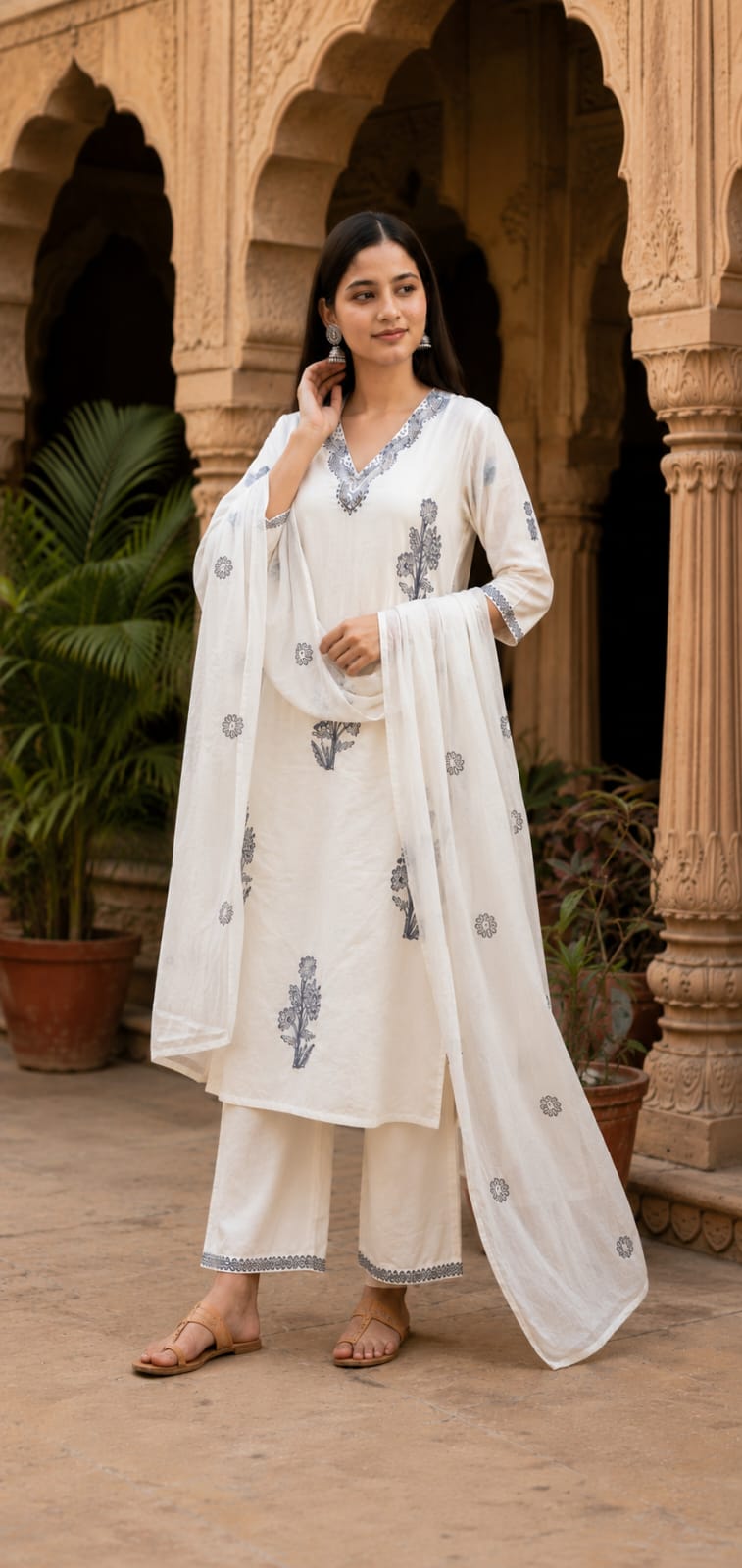 Ruaati Women Premium Mul Cotton Off White & Grey Floral Embroidered Kurta Palazzo Set with Dupatta