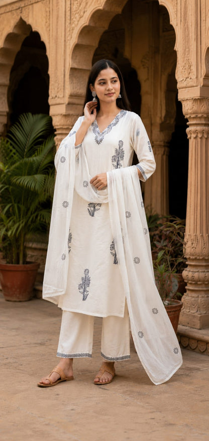 Ruaati Women Premium Mul Cotton Off White & Grey Floral Embroidered Kurta Palazzo Set with Dupatta