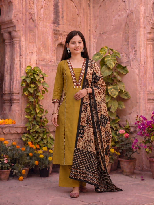 Ruaati Women Premium Mul Cotton Olive Green Printed Suit Set with Designer Dupatta