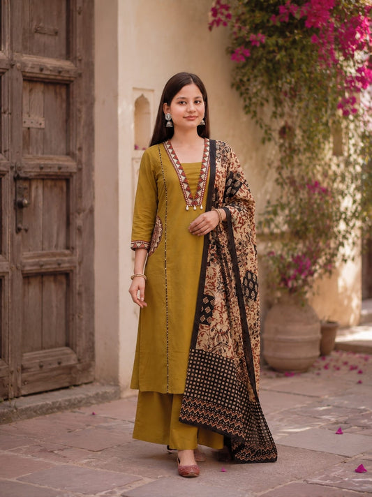 Ruaati Women Premium Mul Cotton Olive Green Printed Suit Set with Designer Dupatta