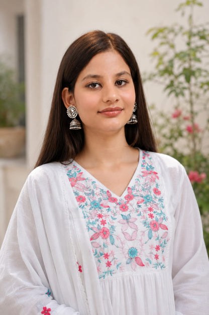 Ruaati Women Mul Cotton White Embroidered Kurta Set with Dupatta for Festive Wear