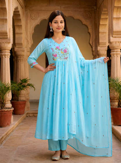Ruaati Women Premium Mul Cotton Sky Blue Floral Embroidered Anarkali Kurta Set with Dupatta
