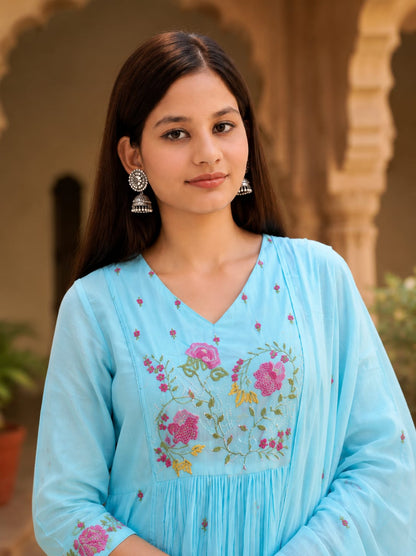 Ruaati Women Premium Mul Cotton Sky Blue Floral Embroidered Anarkali Kurta Set with Dupatta
