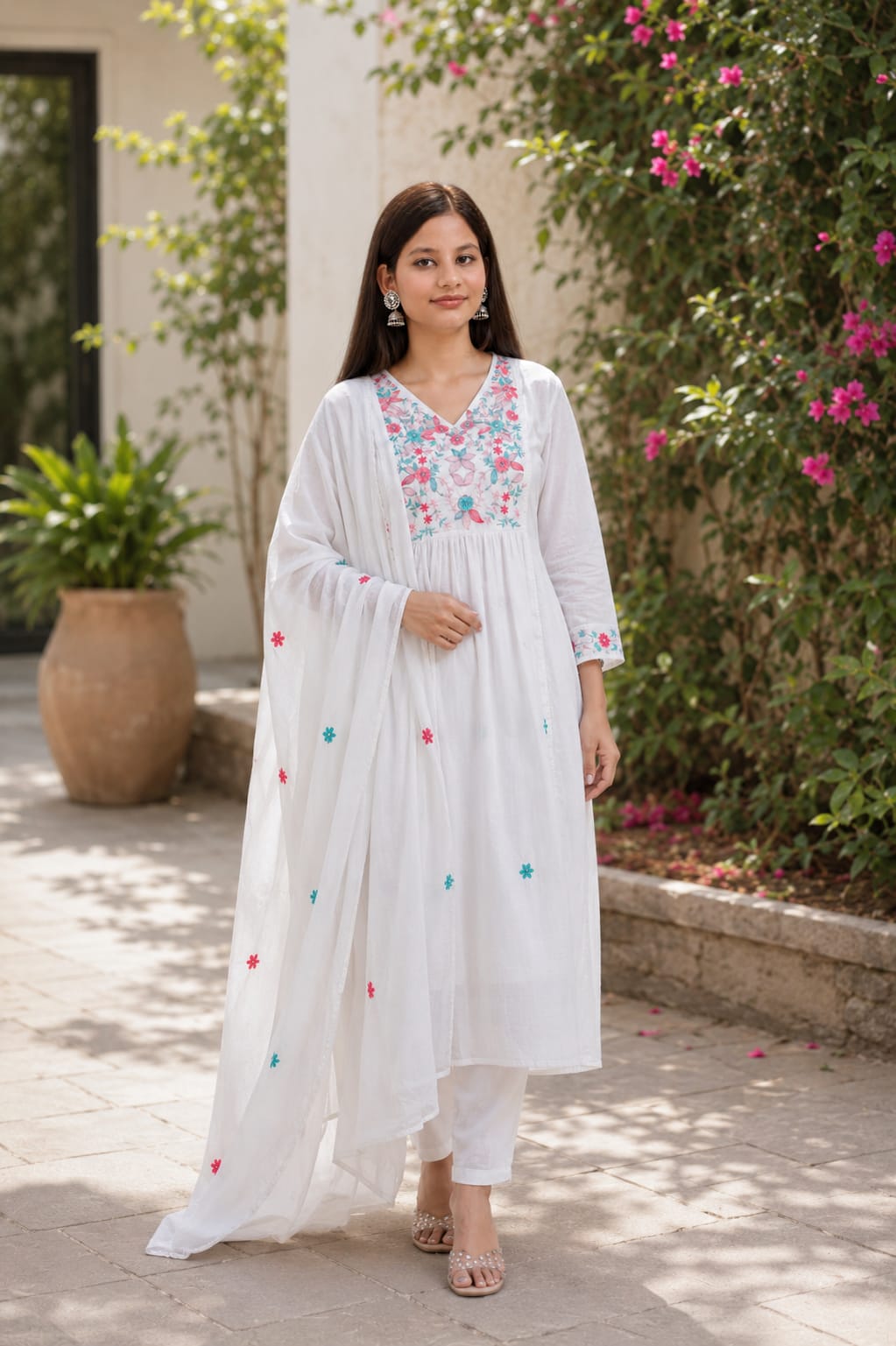 Ruaati Women Mul Cotton White Embroidered Kurta Set with Dupatta for Festive Wear
