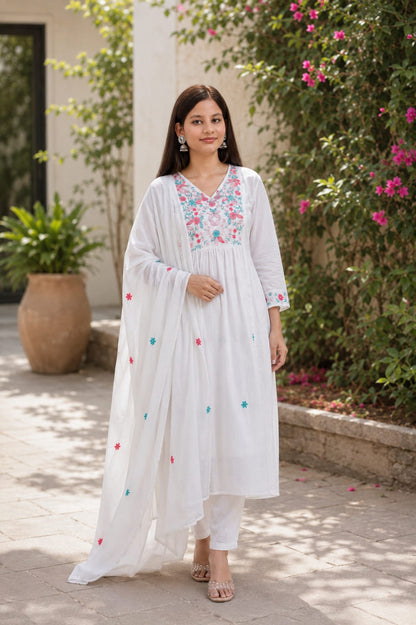 Ruaati Women Mul Cotton White Embroidered Kurta Set with Dupatta for Festive Wear
