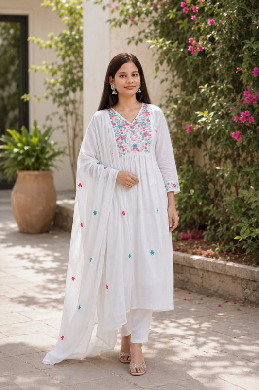 Ruaati Women Mul Cotton White Embroidered Kurta Set with Dupatta for Festive Wear