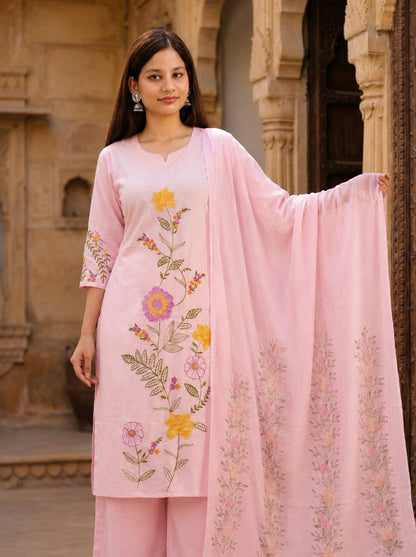 Ruaati Women Mul Cotton Pink Embroidered Kurta Set with Dupatta Set