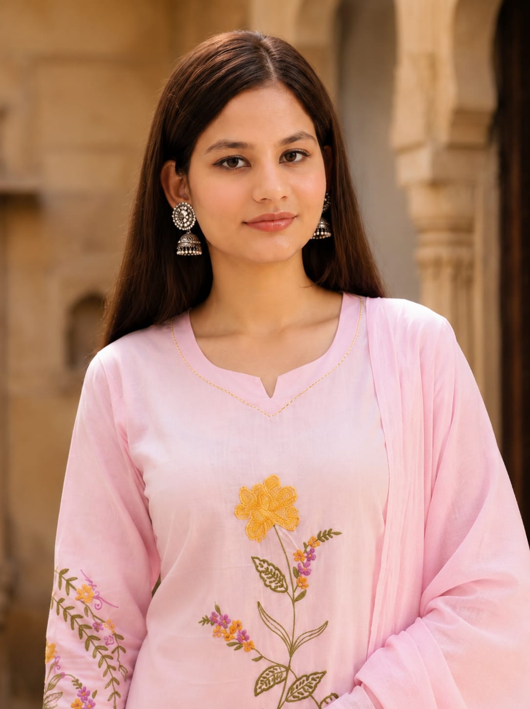 Ruaati Women Mul Cotton Pink Embroidered Kurta Set with Dupatta Set