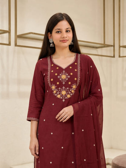 Ruaati Women Stylish Maroon Mul Cotton Ethnic Set with Embroidered Detailing