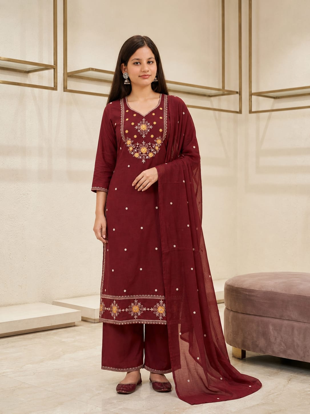 Ruaati Women Stylish Maroon Mul Cotton Ethnic Set with Embroidered Detailing
