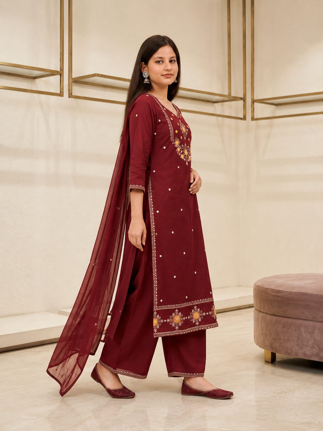 Ruaati Women Stylish Maroon Mul Cotton Ethnic Set with Embroidered Detailing