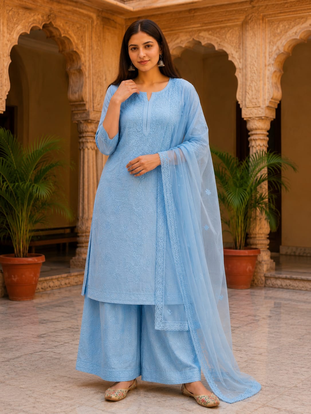Ruaati Women Sky Blue Mul Chanderi Chickankari Palazzo Set with Dupatta