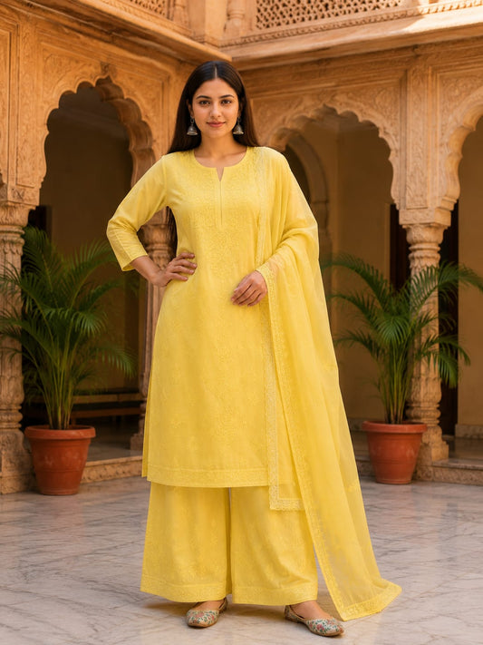 Ruaati Women Yellow Mul Chanderi Chickankari Palazzo Set with Dupatta