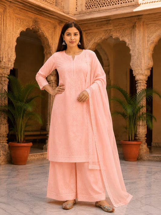 Ruaati Women Peach Mul Chanderi Chickankari Palazzo Set with Dupatta