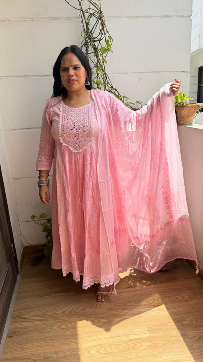 Ruaati Women Mul Cotton Baby Pink Embroidered Anarkali Suit Set with Dupatta