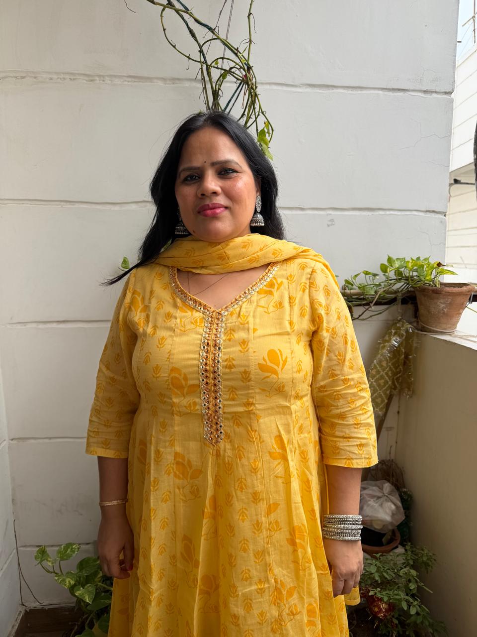 Ruaati Women Mul Cotton Elegant Yellow Anarkali Embroidered Kurta Pant Set with Dupatta