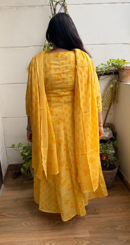 Ruaati Women Mul Cotton Elegant Yellow Anarkali Embroidered Kurta Pant Set with Dupatta