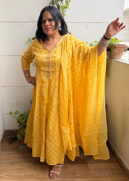 Ruaati Women Mul Cotton Elegant Yellow Anarkali Embroidered Kurta Pant Set with Dupatta
