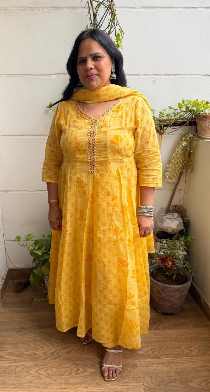 Ruaati Women Mul Cotton Elegant Yellow Anarkali Embroidered Kurta Pant Set with Dupatta