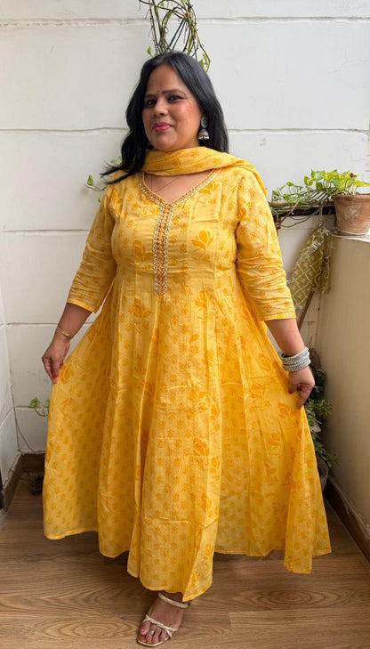 Ruaati Women Mul Cotton Elegant Yellow Anarkali Embroidered Kurta Pant Set with Dupatta