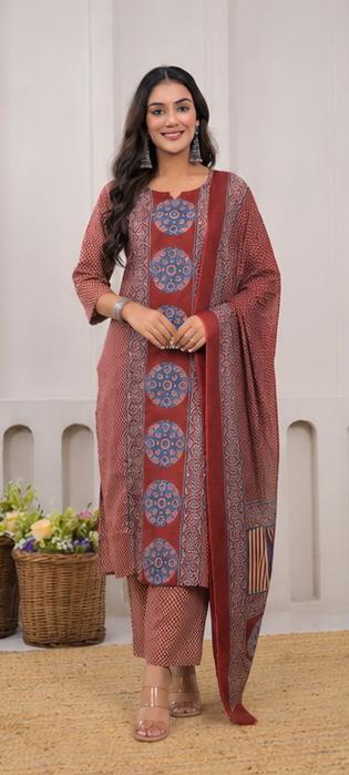 Pure Cotton Fabric 3 Pc Suit with Hand Adda Work in Front.