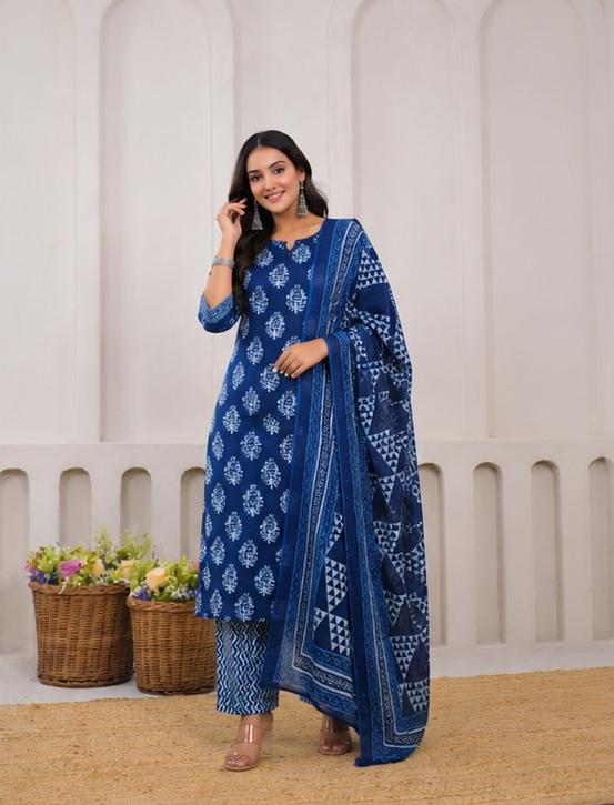 Beautiful Cotton Fabric Flair Suits with Hand Block Print Hand Work.