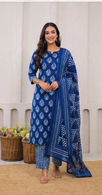Beautiful Cotton Fabric Flair Suits with Hand Block Print Hand Work.