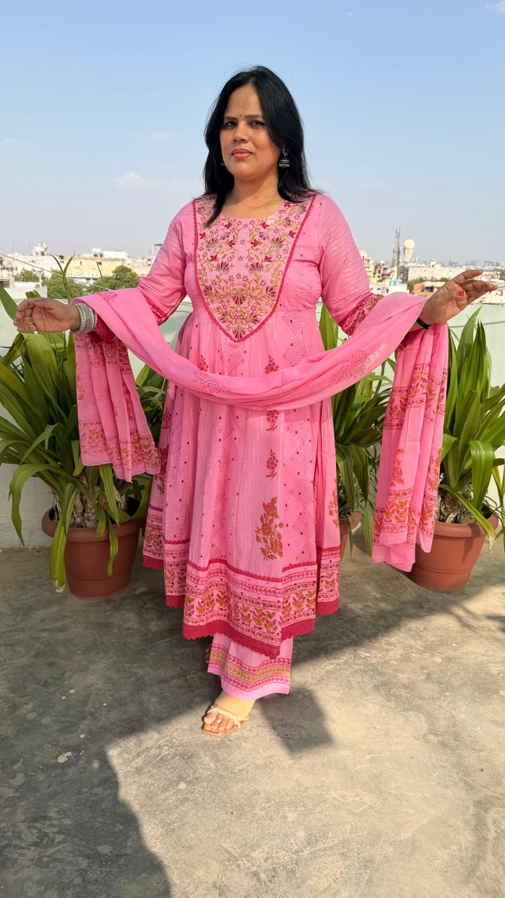 Ruaati Women Mul Cotton Elegant Pink Anarkali Embroidered Kurta Pant Set with Dupatta