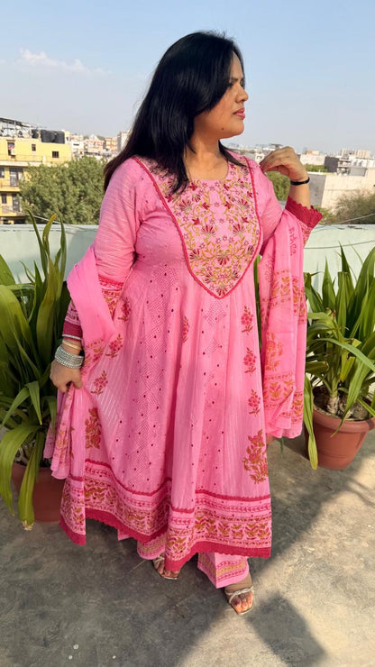 Ruaati Women Mul Cotton Elegant Pink Anarkali Embroidered Kurta Pant Set with Dupatta