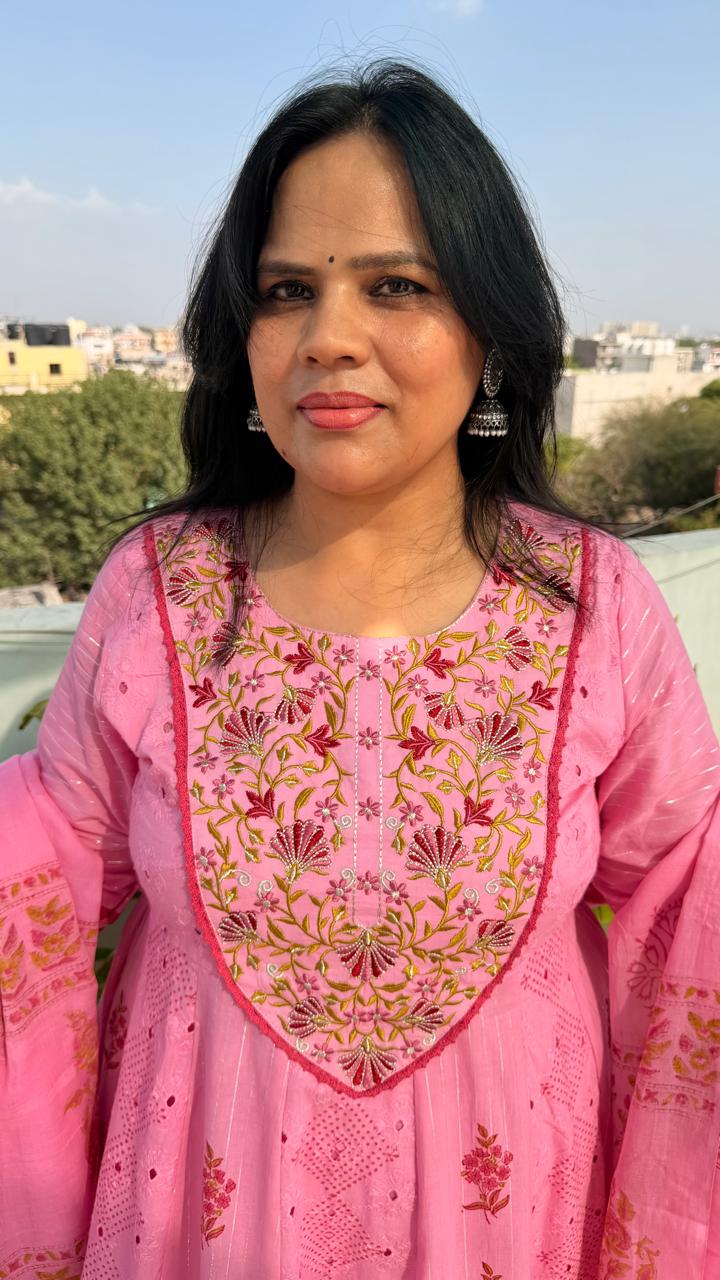 Ruaati Women Mul Cotton Elegant Pink Anarkali Embroidered Kurta Pant Set with Dupatta