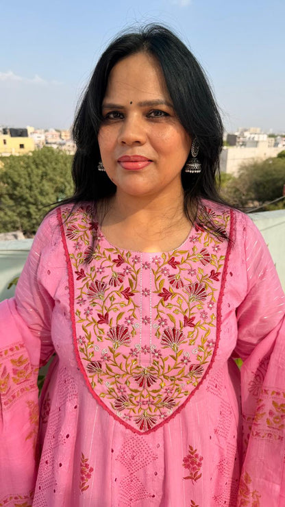 Ruaati Women Mul Cotton Elegant Pink Anarkali Embroidered Kurta Pant Set with Dupatta