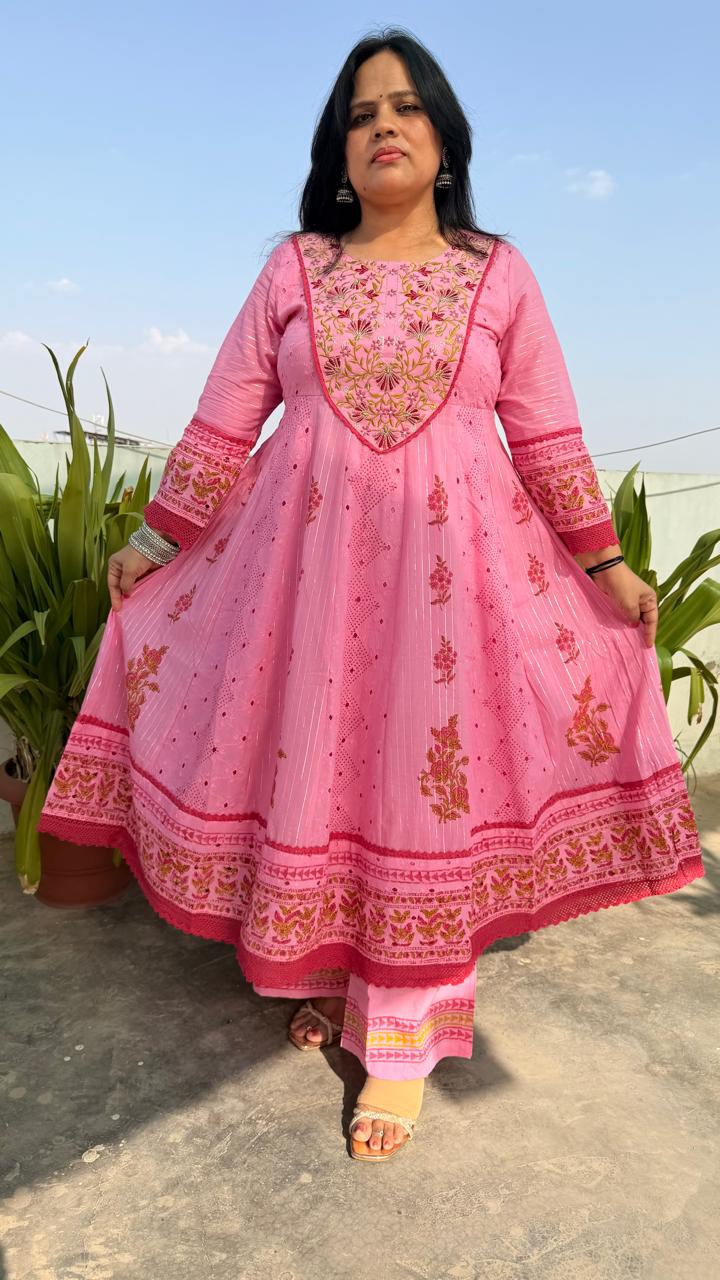 Ruaati Women Mul Cotton Elegant Pink Anarkali Embroidered Kurta Pant Set with Dupatta