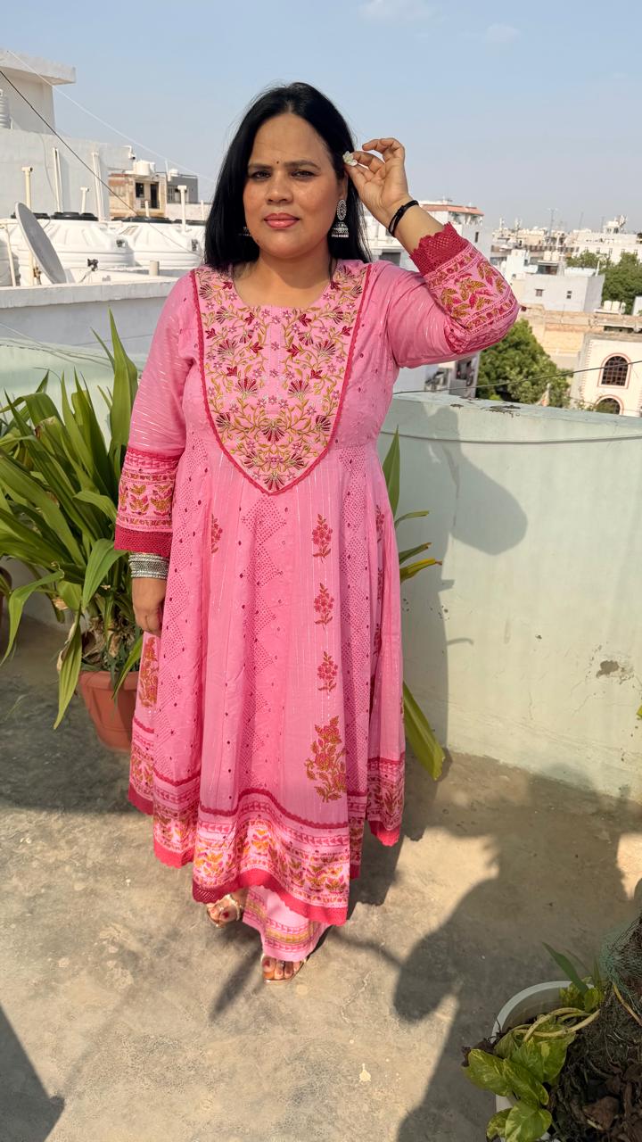 Ruaati Women Mul Cotton Elegant Pink Anarkali Embroidered Kurta Pant Set with Dupatta