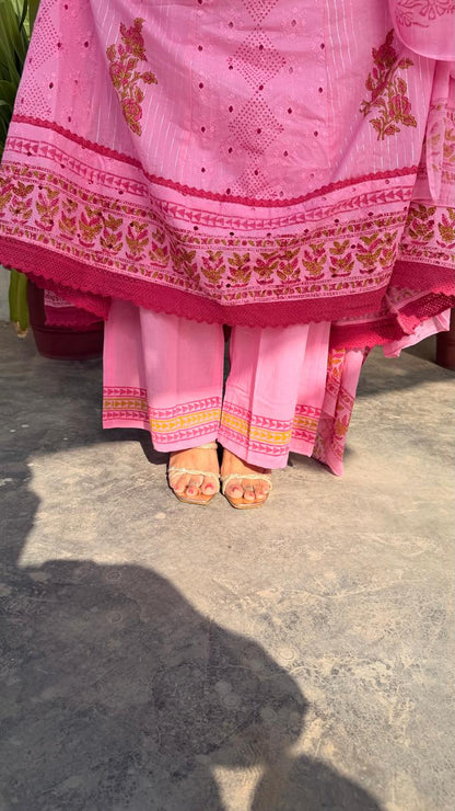 Ruaati Women Mul Cotton Elegant Pink Anarkali Embroidered Kurta Pant Set with Dupatta