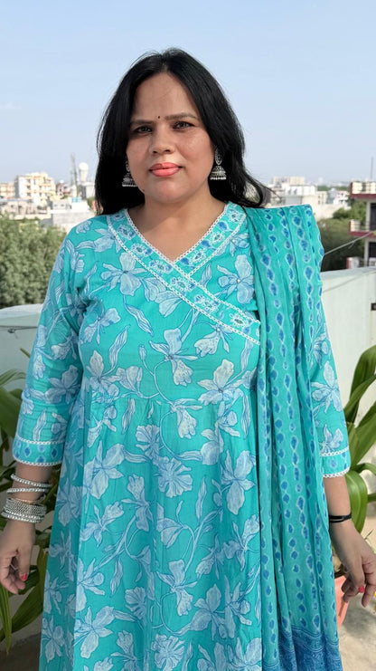 Ruaati Women Mul Cotton Sky Blue Floral Printed Anarkali Suit Set with Dupatta