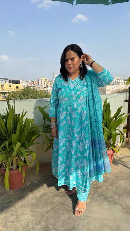 Ruaati Women Mul Cotton Sky Blue Floral Printed Anarkali Suit Set with Dupatta